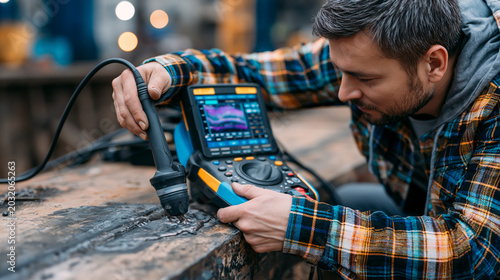 Shipyard non-destructive testing inspector applies ultrasonic probe to a welded keel plate seam, gel coupling compound visible, digital flaw detector readout showing weld cross-section, dim hull int