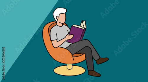 Fotografía Man reading a book in an armchair, flat vector illustration
