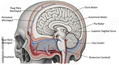 Sagittal view of human skull and brain, detailing meninges, sinuses, and cerebral structures