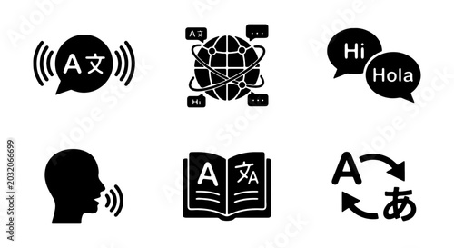Schilderij op canvas Language Translation Icons Set, Global Communication Symbols, Multilingual Speec