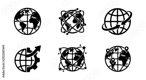 Obraz na płótnie Global communication vector icons, planet earth network, worldwide connection sy
