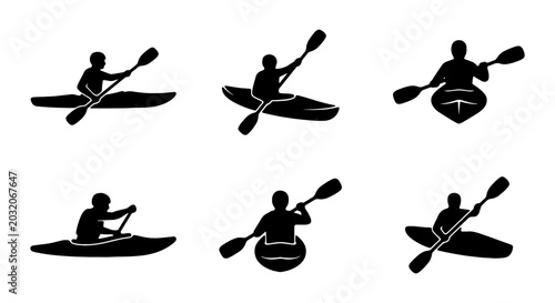 Fotografie Kayaking vector silhouettes, six distinct kayak paddler poses, watersports activ