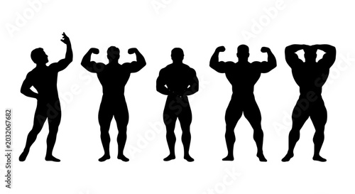Tableau sur toile Bodybuilder silhouettes, strong muscular men, fitness and gym workout vector col