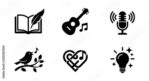 Foto Creative arts and music vector icons, storytelling, songwriting, and idea genera