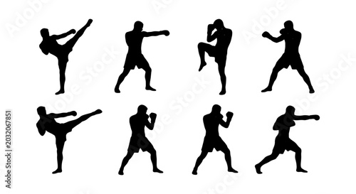 Konstfotografi Martial Arts Silhouettes: Dynamic Combat Poses, Kickboxing Action, Fighter Set