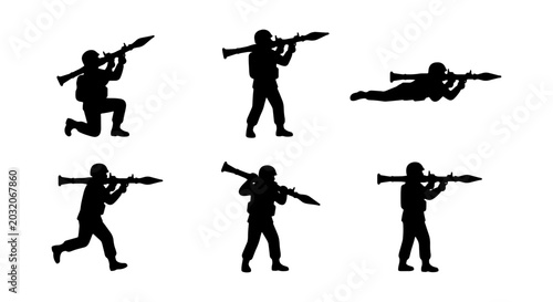 Photography Soldier with RPG silhouettes, military combatant vector set, army infantryman co