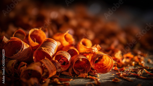 padauk. Curly, orange-red wood shavings from padauk piled on a workshop floor. safety posters, maintenance manuals, designed for precision metalworking and fabrication facilities.