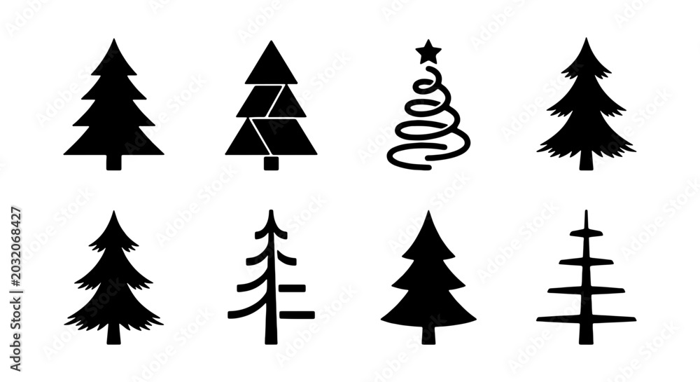 Obraz premium Christmas Tree Vector Icons, Festive Evergreen Pine, Holiday Season Decorations, Winter Celebration Graphics