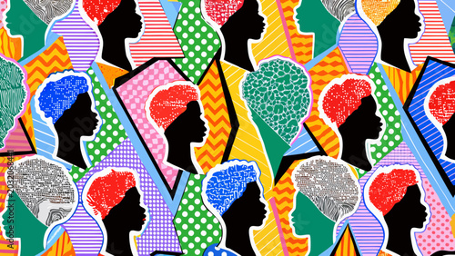 Foto Colorful vector illustration featuring repeating silhouettes of heads with patte