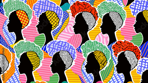 Obraz na płótnie Silhouette pattern featuring diverse female head profiles with patterned hair an