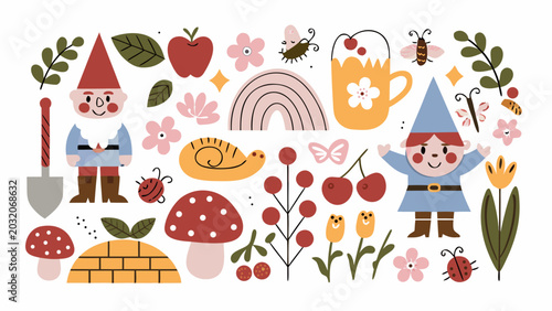 Tableau sur toile Assortment Of Gnomes Mushrooms Flowers And Fruits In A Colorful Vector Illustrat