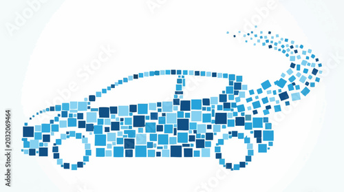 Fotografija Abstract Blue Car Silhouette Made of Digital Pixel Squares
