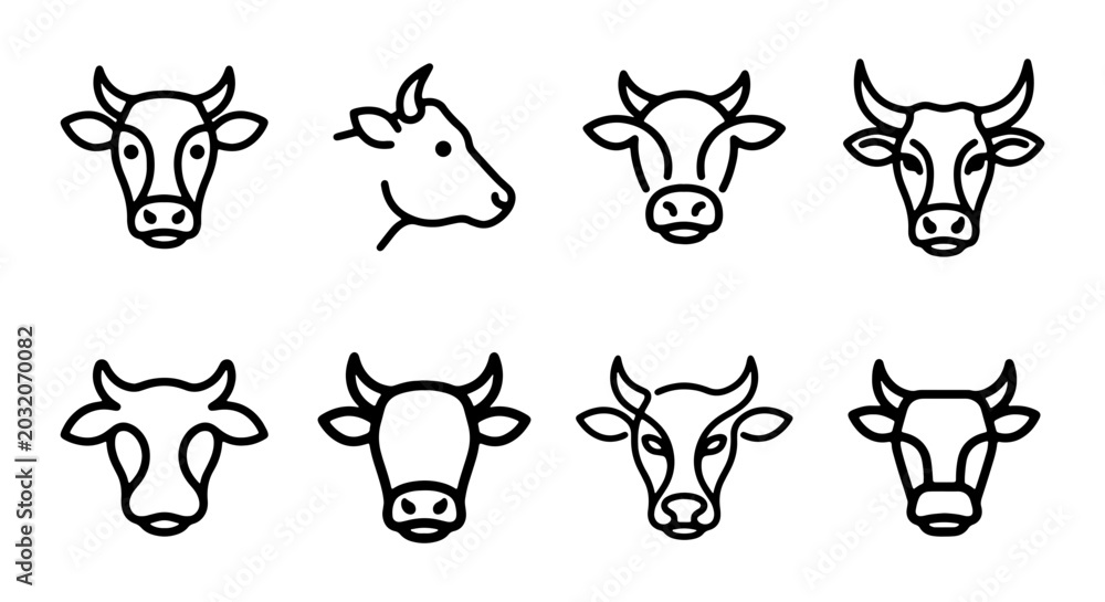 Fototapeta premium Cow Head Icons, Minimalist Cattle Face Vector Set, Farm Animal Line Art Graphics for Branding