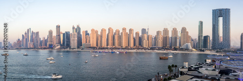 Tableau sur toile Dubai skyline on Bluewaters Island panorama with JBR Beach and Dubai Marina aeri