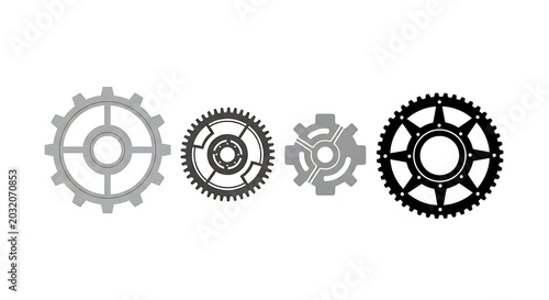 Set of mechanical gears and sprockets in black and white line art illustration