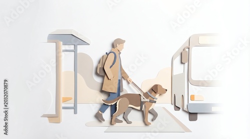 Minimalist 3D papercut of a visually impaired man traveling with a guide dog at a public bus stop