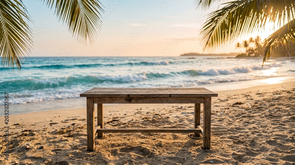 Fototapeta premium Empty wooden table on tropical beach at sunset idyllic coastal scene
