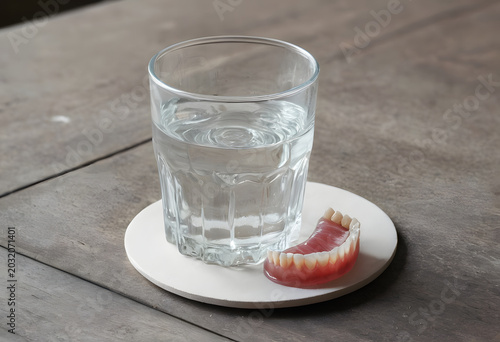 Denture next to a glass of water on wood table