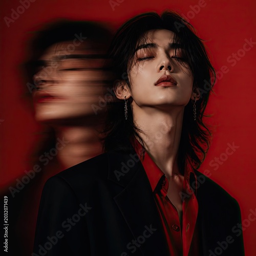 Close-up portrait of man with long dark hair earrings and red shirt on red background