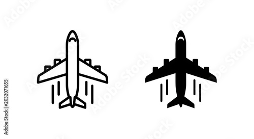 Airplane line art icons in side and front view minimalist black and white illustration
