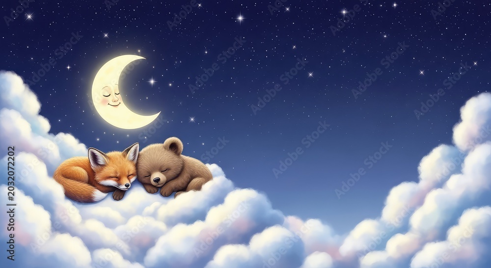 Fototapeta premium Adorable fox and bear sleeping on fluffy clouds under a smiling moon in a starry night sky with copy space for a storybook goodnight theme, nighttime, art, friends