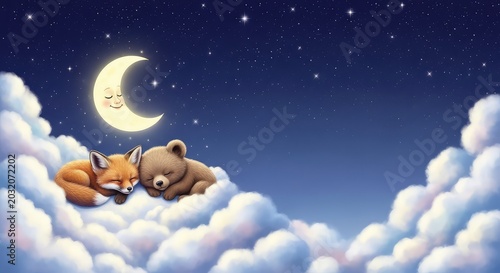 Adorable fox and bear sleeping on fluffy clouds under a smiling moon in a starry night sky with copy space for a storybook goodnight theme, nighttime, art, friends