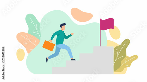 Quadro su tela Businessman running up steps towards a flag, symbolizing career goal achievement