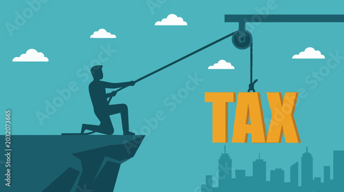 Tableau sur toile Man struggling to lift heavy TAX burden, symbolizing financial challenges