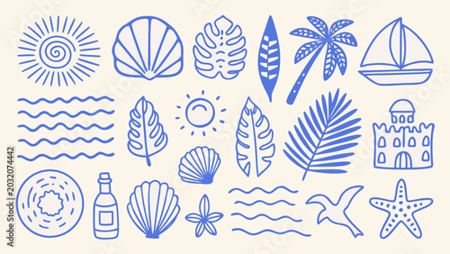 Fotografie Blue line art illustration featuring a collection of marine life and coastal ele