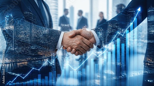 A close-up of a business handshake with a glowing financial chart background symbolizing a successful corporate deal