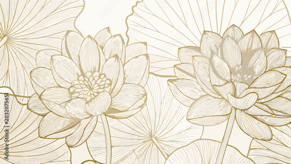 Obraz premium Floral ornament featuring lotus blossoms and lily pads in a detailed line drawing style with a beige background flowers blossom bloom