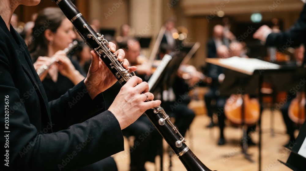 Fototapeta premium Close-up of a clarinetist's hands playing a woodwind instrument.