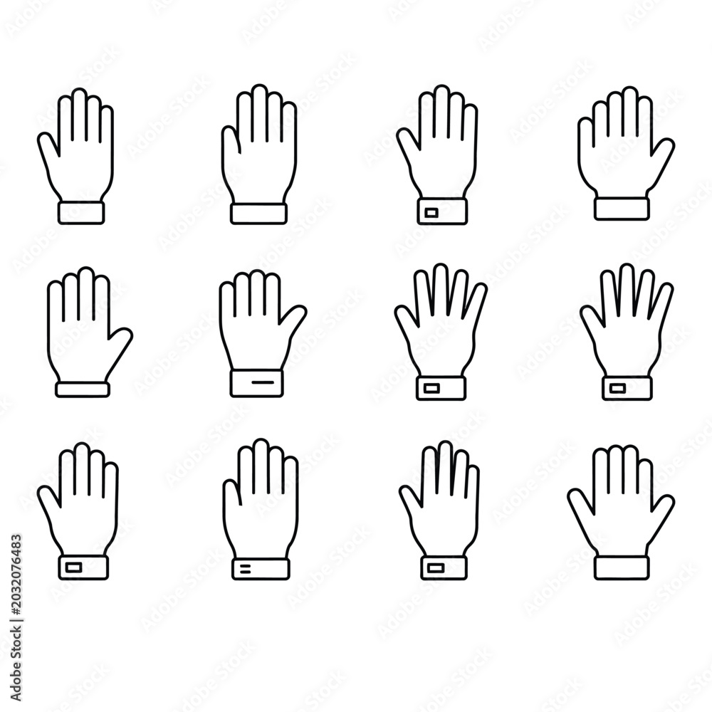 Fototapeta premium Raised hand outline icons showing open palms for voting symbol vector illustration