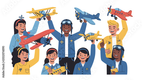 Fotografija Young Aviators of Tomorrow: A diverse group of smiling children, dressed as pilots and holding aloft various toy airplanes, joyfully embrace their dreams of flight