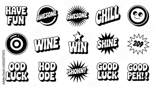 Foto Collection of black and white typographic stickers with various phrases and symb