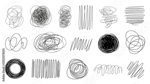 Collection Of Scribble Drawings On White Background Abstract Line Art doodle sketch drawing lines spiral swirl curved random isolated minimalist graphic