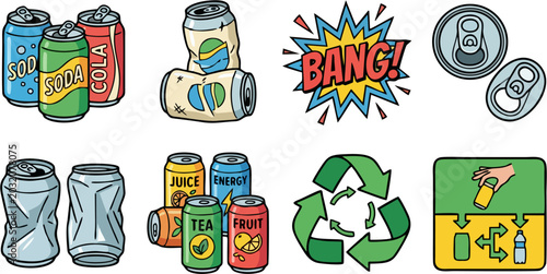 Foto Beverage Can Collection and Recycling Cartoon Illustration Set — Soda, Cola, Jui