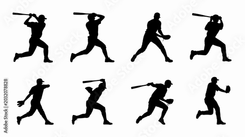 Fotografia Baseball player silhouettes depicting various batting and running actions agains