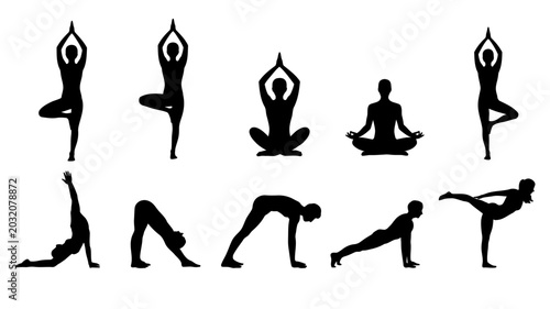 Foto Yoga Poses Silhouette Collection On White Background asanas postures silhouettes