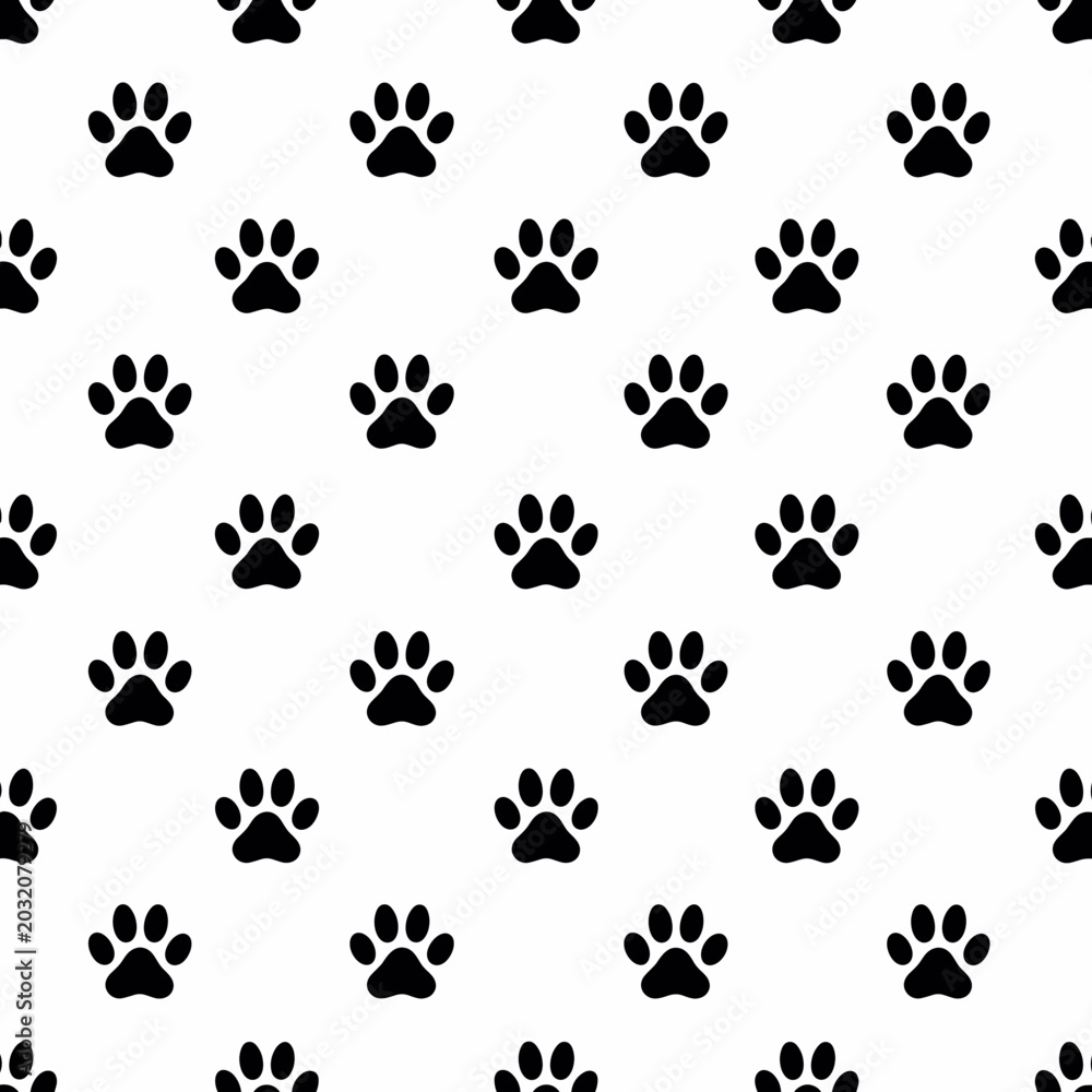 Fototapeta premium Black Dog Paw Print Pattern on White Background