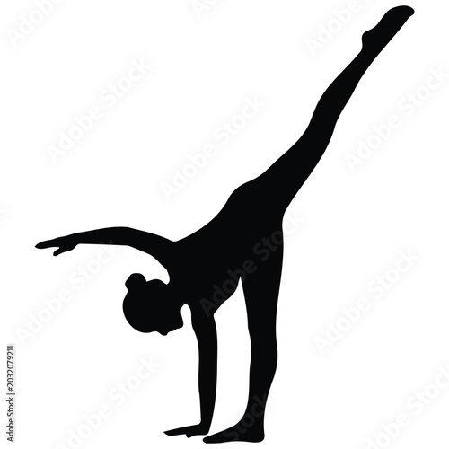 Gymnast performing acrobatics silhouette vector illustration, flexible pose line art.