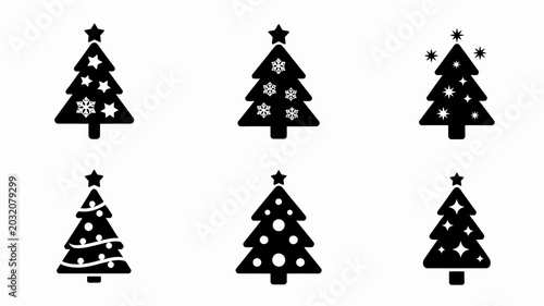 Fotografi Six Black Silhouette Christmas Tree Shapes On A White Background evergreen fir p