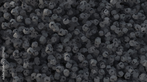Dense arrangement of polygonal objects dark gray 3d rendering faceted shapes geometric forms polyhedron low poly render digital art computer graphics abstract