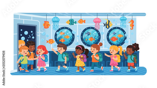 Bild auf Leinwand Kids Visit the Aquarium: A group of diverse children, excited and with backpacks, explore the wonders of an aquarium, marveling at colorful fish in circular tanks