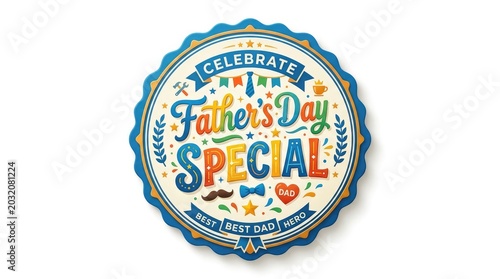 Vibrant fathers day special badge with colorful text and icons on white background