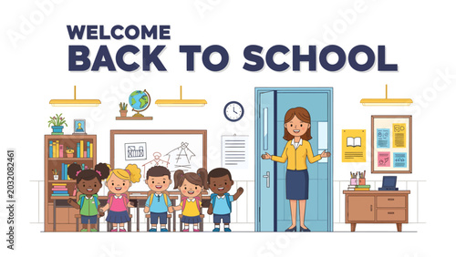 Foto Welcome Back to School: A cheerful teacher welcomes a diverse group of happy students into a bright and inviting classroom, ready for a new academic year filled with learning and fun
