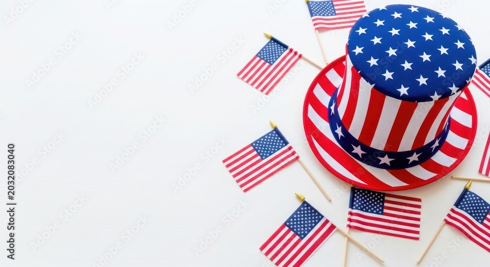 Obraz premium Patriotic top hat adorned with small american flags in festive flat lay composition