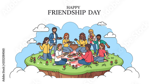 Fotografía A Day of Friendship: A diverse group of friends enjoys a picnic outdoors, celebrating Friendship Day with laughter and shared moments under a blue sky