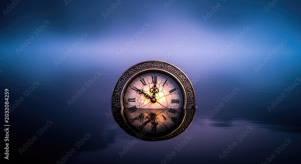 Obraz premium An eerie antique clock floats in dark stagnant water under a thick mist at the horizon line, creating a haunting and surreal atmosphere, abstract, temporal, rust