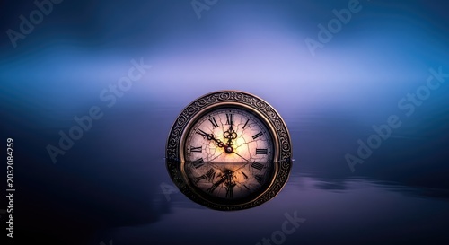 An eerie antique clock floats in dark stagnant water under a thick mist at the horizon line, creating a haunting and surreal atmosphere, abstract, temporal, rust